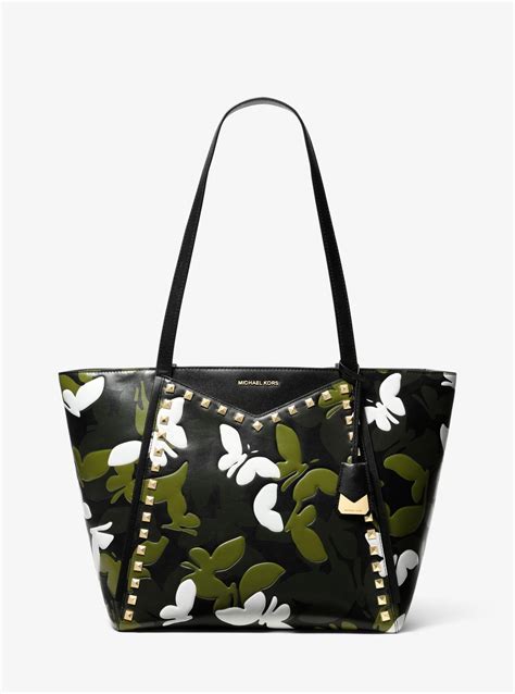 michael michael kors whitney large butterfly camo leather tote bag